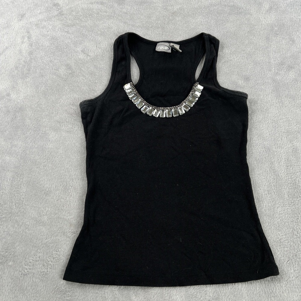 Rave Beaded Jewel Neck Tank Top XL Black Womens Ribbed Y2K Rhinestone Sleeveless